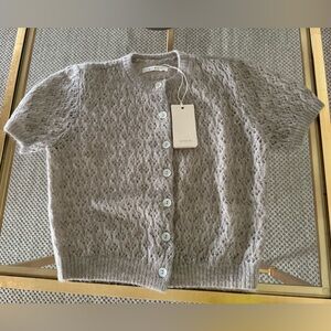 DÔEN Light Taupe Lace-Openwork Short-Sleeve Cardigan